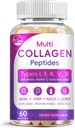 Multi Collagen Peptides Softgel - Tipo I, II, III, V, X - Péptidos de colágeno hidrolizado con biotina, vitamina C, ácido hialurónico, soporta uñas de pelo de piel, grano, no GMO, 60 Softgel, 1 Pack