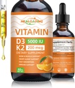 Vitamina orgánica D3 + K2 gotas: 5000 UI Planta-Basada D3 & 200mcg K2 Suplementos líquidos ← Absorción rápida para el soporte inmunológico, Bone Health & Heart Care Ø Vegan, Non-GMO (30ml)