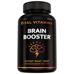 Suplementos cerebrales de vitaminas vitales con Bacopa Monnieri - para memoria y enfoque - Booster de cerebro nootrópico - Soporte libre de cafeína para adultos mayores - No GMO, 30-Day Supply, 30 cápsulas