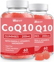 Azúcar CoQ10 Gummies 200 MG, Coenzyme Q10 (Ubiquinone) Gummies para adultos, Co Q10 Suplemento con Omega-3, Magnesio, Energía, Cerebro