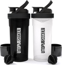 Utopia Home Shaker Bottle 2 Pack - 24 Ounce Plastic Protein o Cocktail Shaker Bottle para Pre &amp; Post entrenamiento con Twist &amp; Lock Protein Box Storage (All Black & Clear/Black)