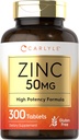 Carlyle Zinc 50mg Ø 300 Tablets ← Vegetarian, Non-GMO, y Gluten Free Supplement