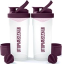 Utopia Home Shaker Bottle 2 Pack - 24 Ounce Plastic Protein or Cocktail Shaker Bottle for Pre &amp; Post workout with Twist & Lock Protein Box Storage (Clear/Plum)