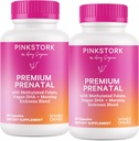 Pink Stork Premium Prenatal Vitamin for Women - Multivitamin &amp; Probiotics - Morning Sickness, Digestion, & Energy - Folate, B6, & Iron - 60 cápsulas - 2 Pack